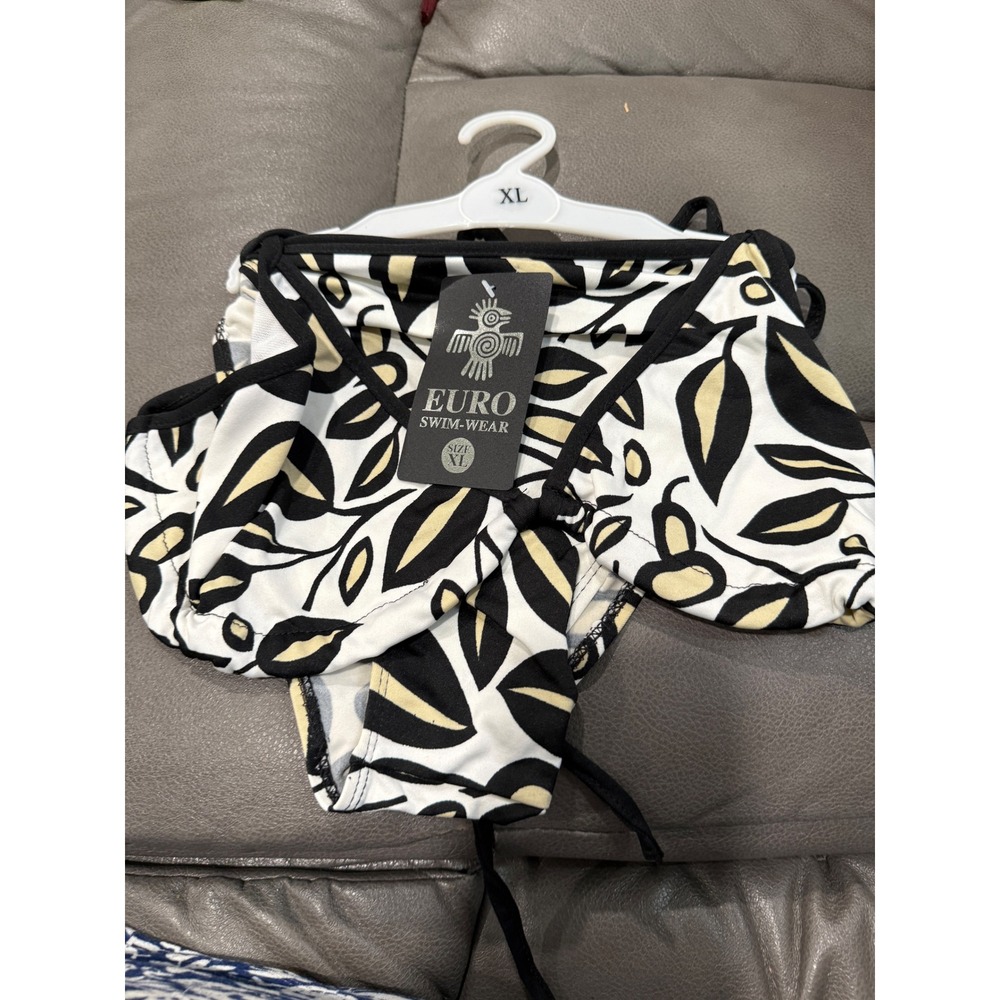 Euro Swimwear Leaf Print Side Tie Bikini set Black White Yellow XL NWT